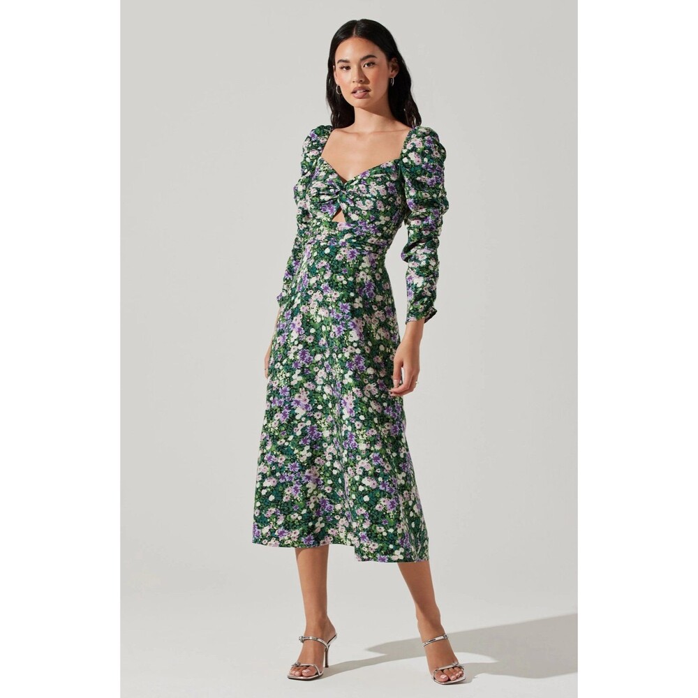 ASTR The Label Floral Green Midi Long Sleeve Twist Keyhole Dress NWT Size Small